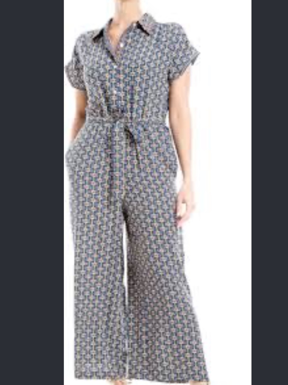 MAX STUDIO Blue Floral Wide Leg Belted Button Jumpsuit